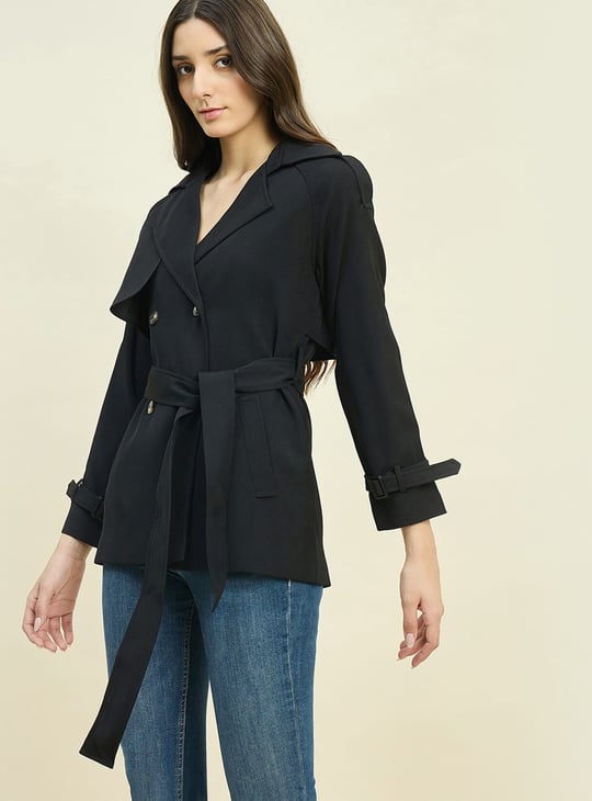 MADAME Solid Double-Breasted Belted Coat