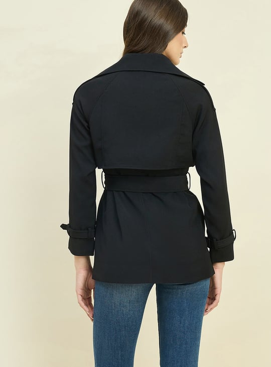 MADAME Solid Double-Breasted Belted Coat