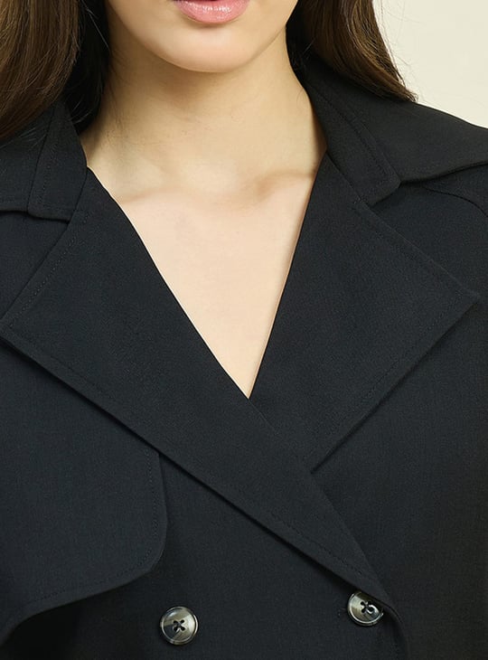 MADAME Solid Double-Breasted Belted Coat