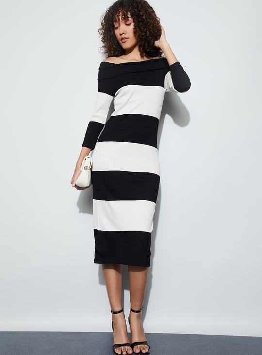 off the shoulder striped bodycon dress Amazon.com: SOLY HUX Women's Striped Split Hem Off Shoulder Long Sleeve Bodycon Dress Midi Dresses Black and White Striped M : Clothing, Shoes & Jewelry