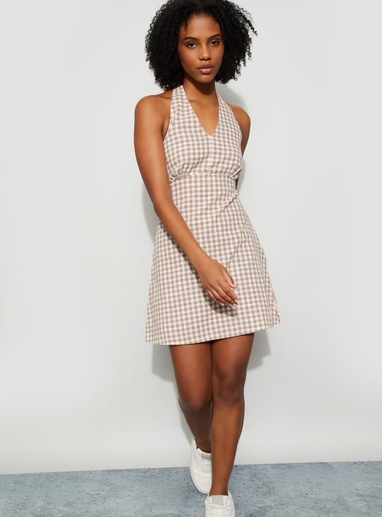 GINGER Checked Halter Neck Mini A-line Dress
