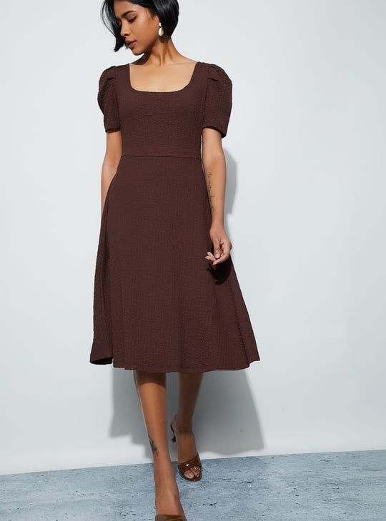 CODE Textured Puff Sleeves Midi Dress | Brown