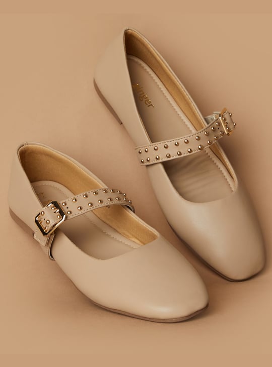 GINGER Studded Strap Square Toe Ballerinas