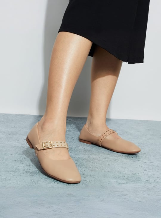 GINGER Studded Strap Square Toe Ballerinas