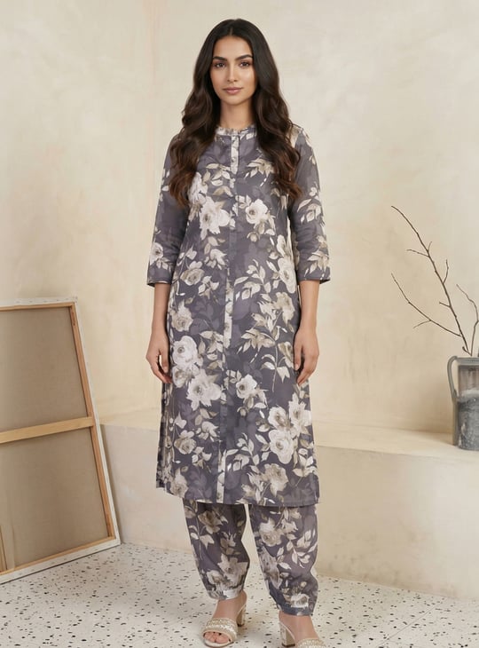 AURELIA Floral Print Straight Kurta Set