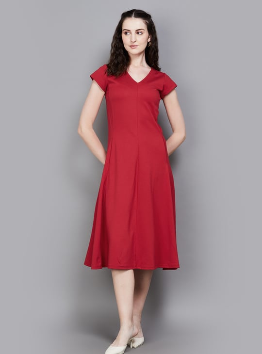 AND Solid V-Neck Flared Dress | Red