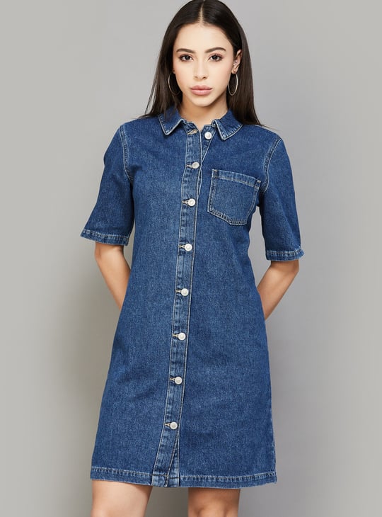 ONLY Solid Collared Button-Down Shirt Dress