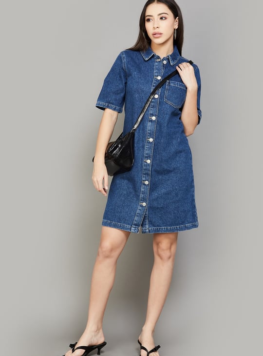 ONLY Solid Collared Button-Down Shirt Dress