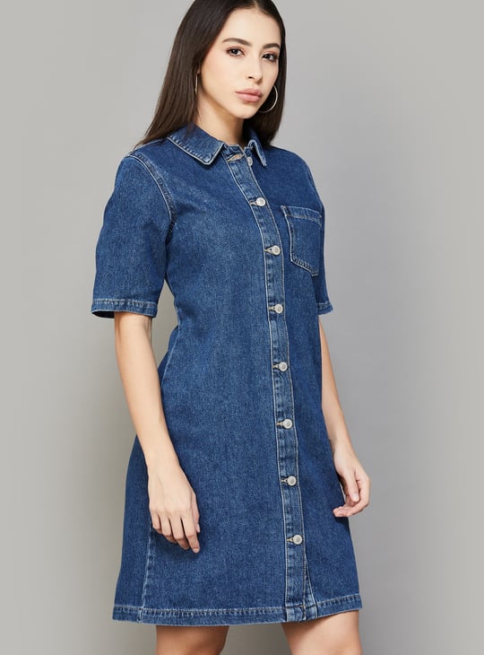 ONLY Solid Collared Button-Down Shirt Dress