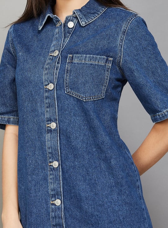 ONLY Solid Collared Button-Down Shirt Dress