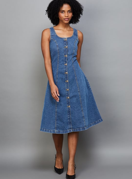 ONLY Solid Buttoned A-line Dress | Blue
