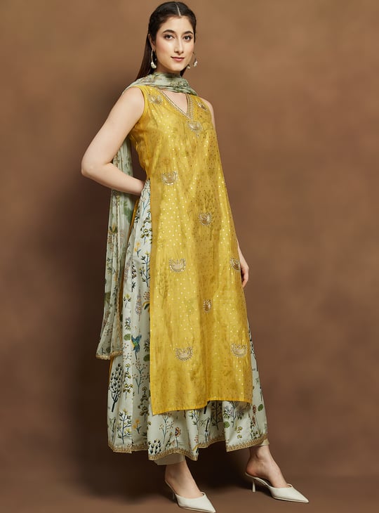 chinese dress ladies Sky Blue Applique Layered Kurta Set  Label Niti Bothra