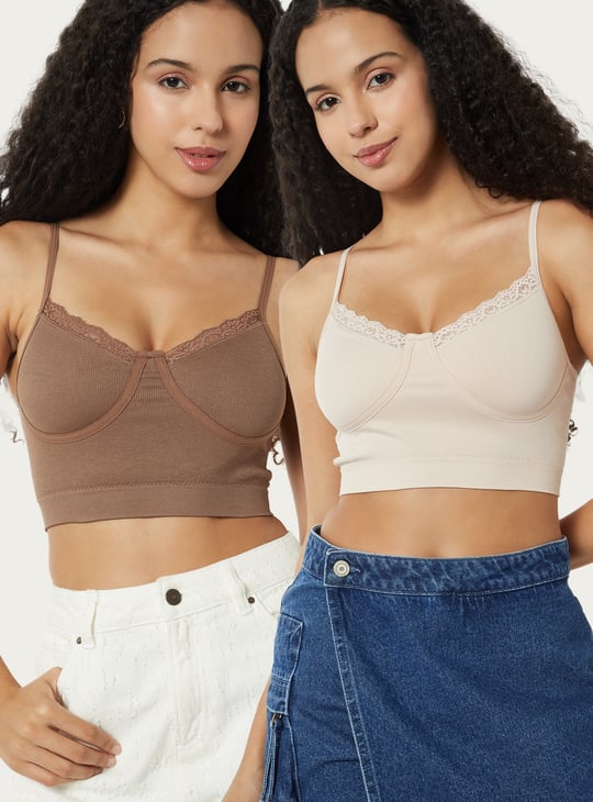Women Ribbed Lace Inserts Corset Bra - Pack of 2