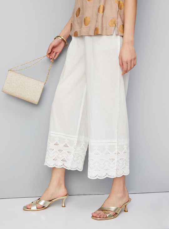 Women Embroidered Palazzos with Scalloped Hem