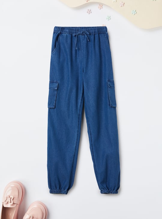Girls Solid Denim Cargo Joggers