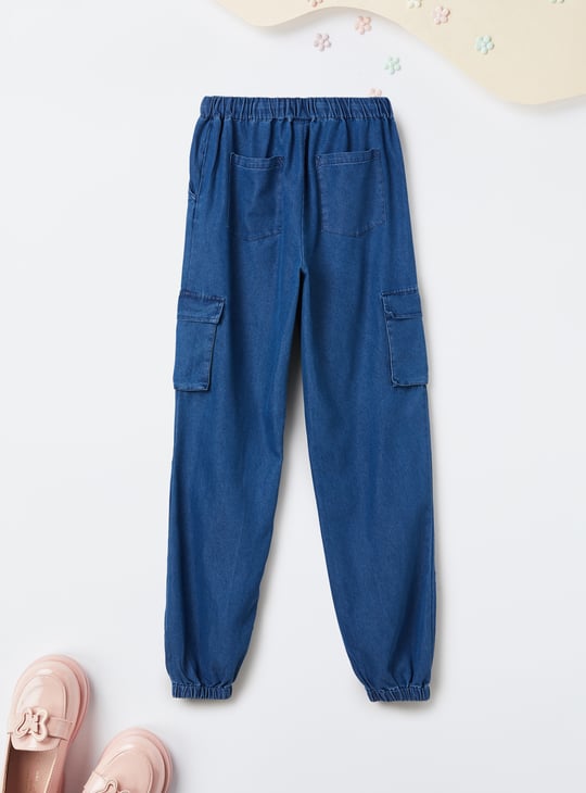 Girls Solid Denim Cargo Joggers