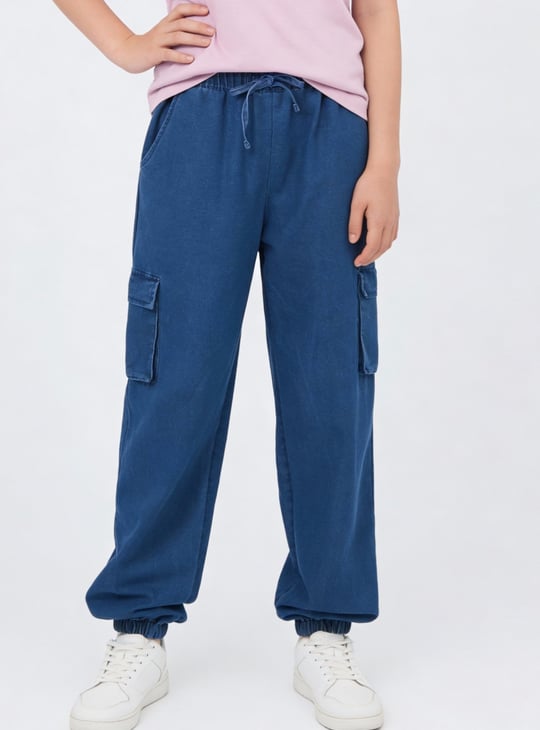Girls Solid Denim Cargo Joggers
