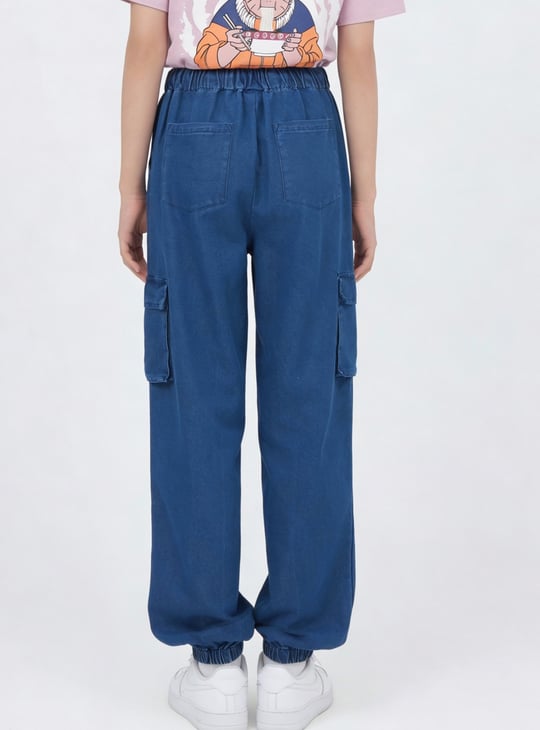 Girls Solid Denim Cargo Joggers