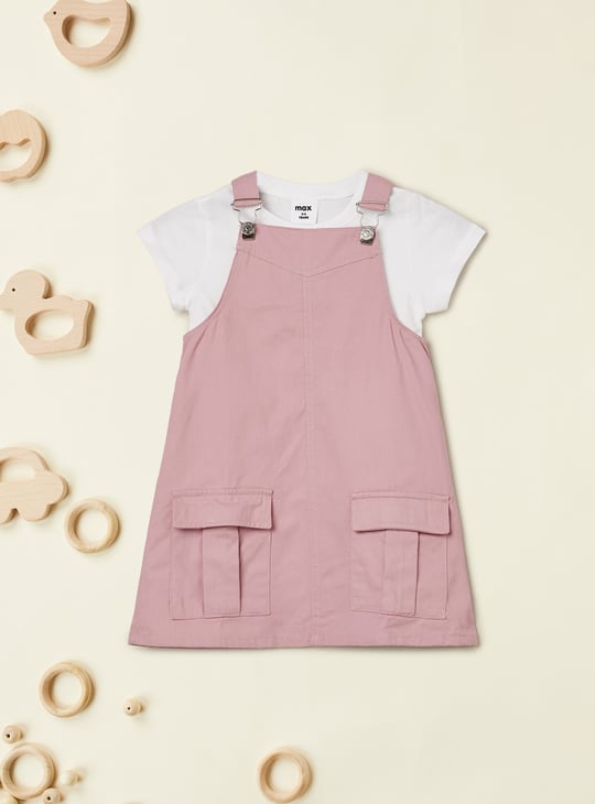 Girls Solid Pinafore Dress with T-shirt