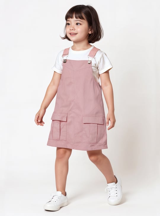Girls Solid Pinafore Dress with T-shirt