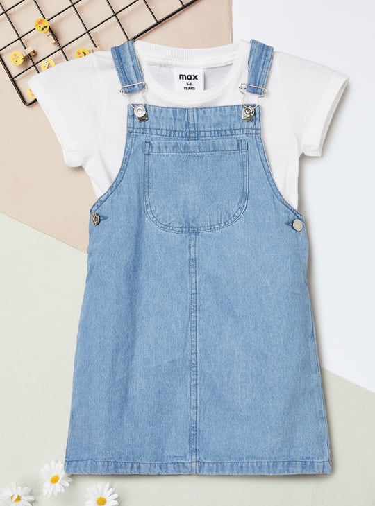 Girls Solid Denim Pinafore Dress with T-shirt