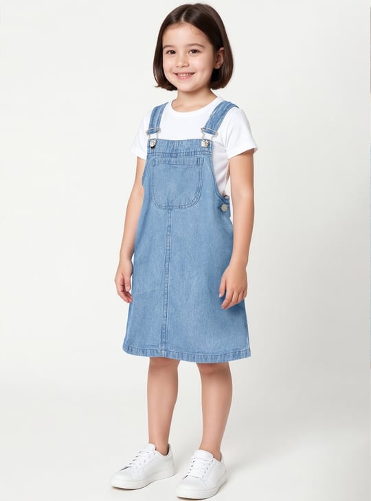 Girls Solid Denim Pinafore Dress with T-shirt