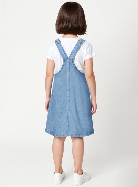 Girls Solid Denim Pinafore Dress with T-shirt