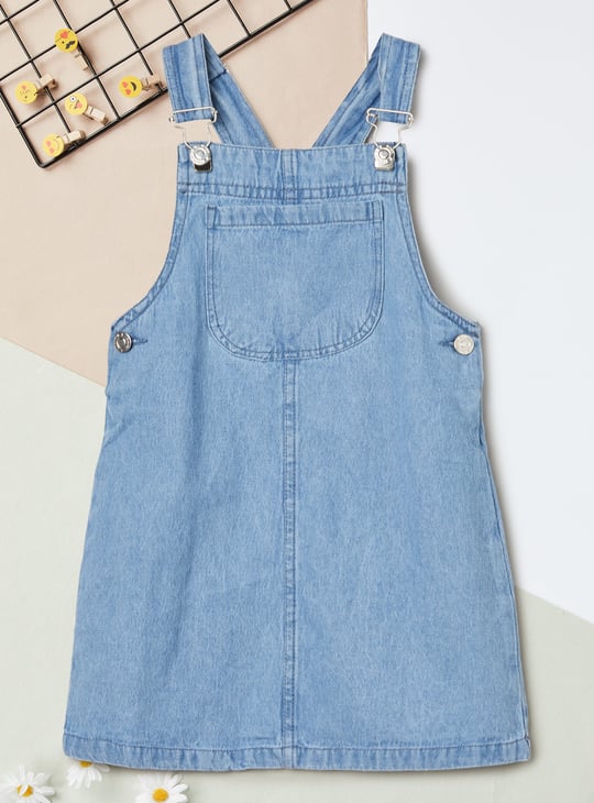 Girls Solid Denim Pinafore Dress with T-shirt