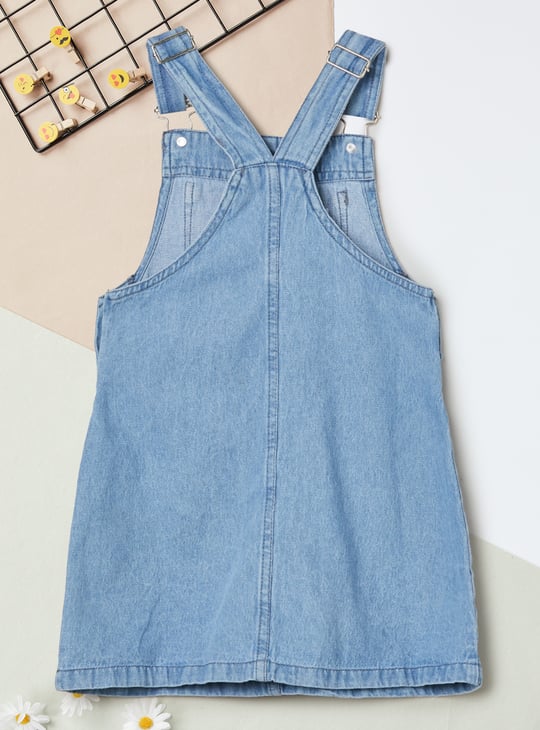 Girls Solid Denim Pinafore Dress with T-shirt
