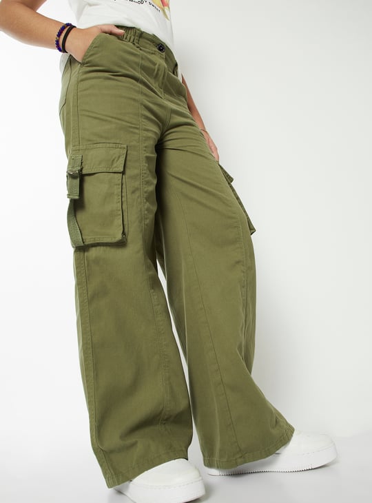 Girls Solid Wide Leg Cargo Trousers