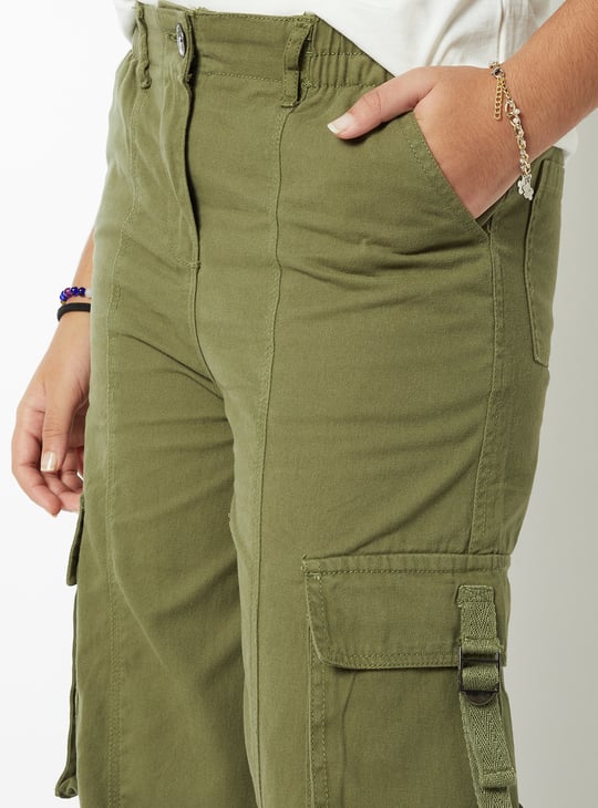 Girls Solid Wide Leg Cargo Trousers