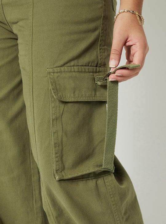 Girls Solid Wide Leg Cargo Trousers