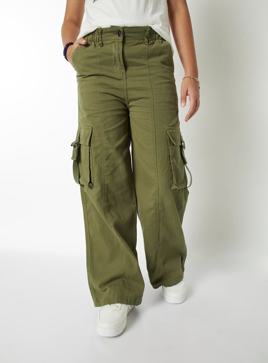 Girls Solid Wide Leg Cargo Trousers