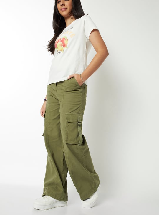 Girls Solid Wide Leg Cargo Trousers