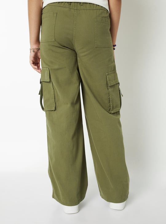 Girls Solid Wide Leg Cargo Trousers