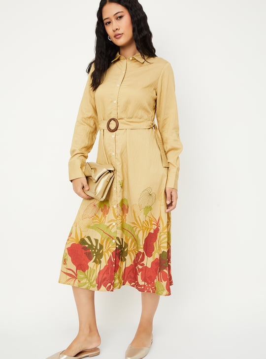 Women Floral Print Shirt Dress