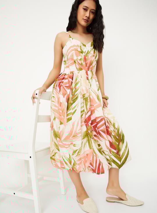 Women Tropical Print A-line Midi Dress