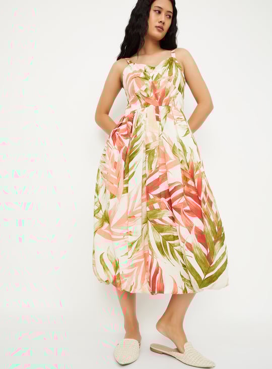 Women Tropical Print A-line Midi Dress