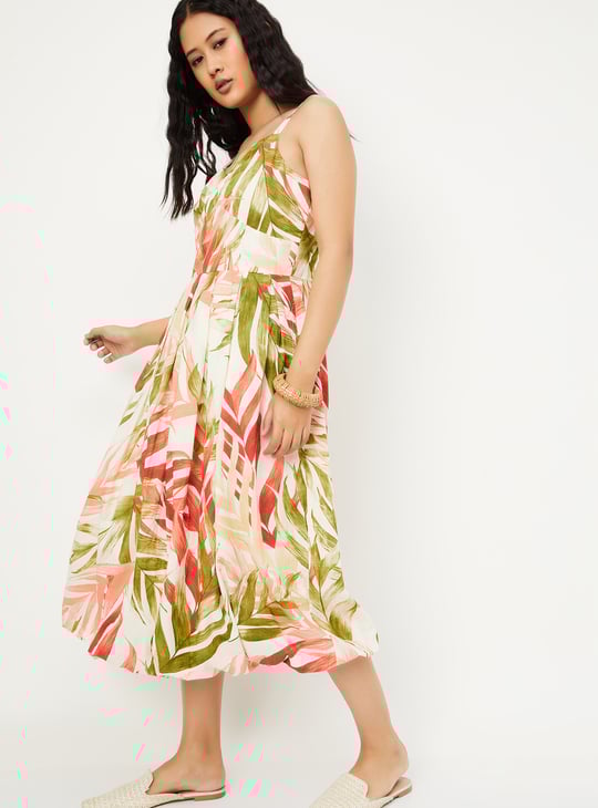 Women Tropical Print A-line Midi Dress