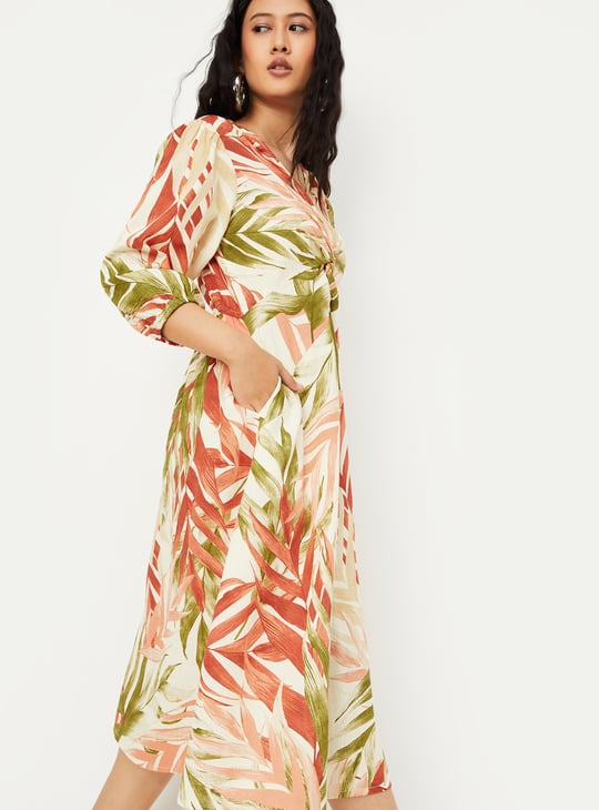 Women Tropical Print Knotted Midi Dress