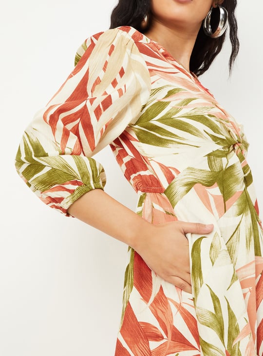 Women Tropical Print Knotted Midi Dress