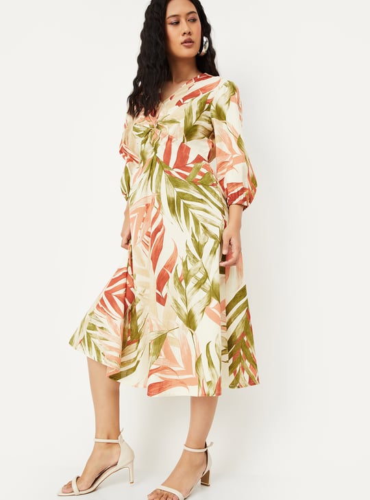 Women Tropical Print Knotted Midi Dress