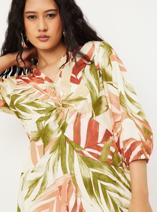 Women Tropical Print Knotted Midi Dress