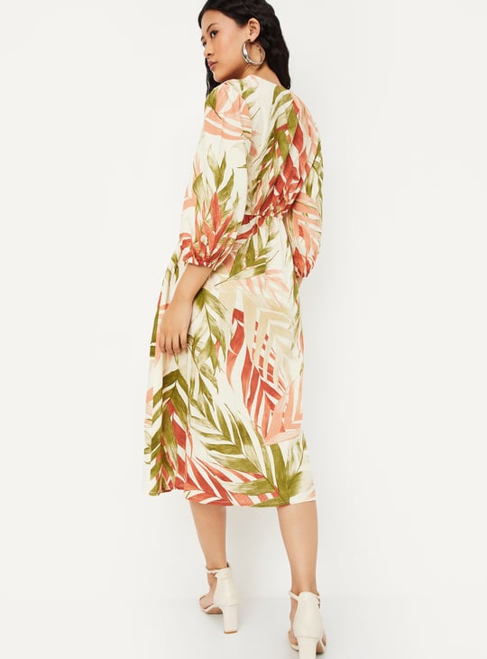 Women Tropical Print Knotted Midi Dress