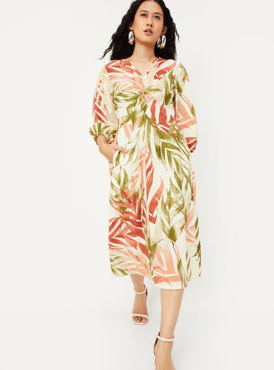 Women Tropical Print Knotted Midi Dress