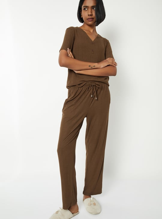 Women Solid Ribbed PJ Set