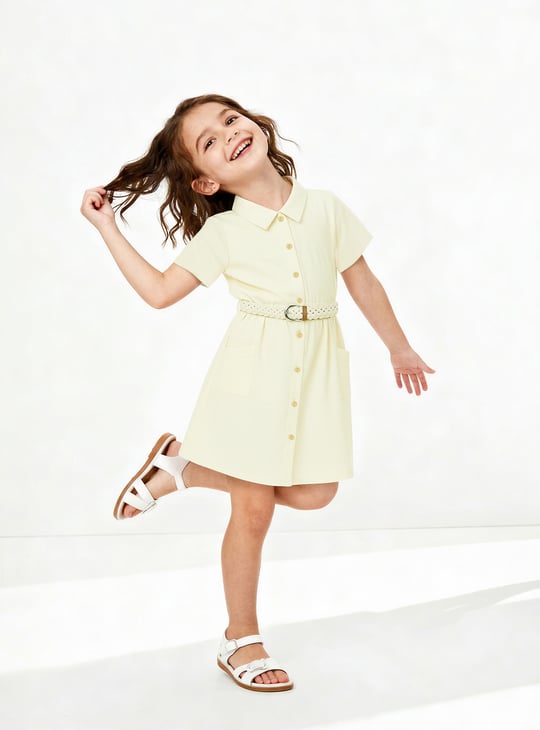 Girls Solid Shirt Dress with Belt
