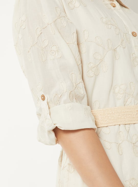 Women Embroidered Shirt Dress with Belt