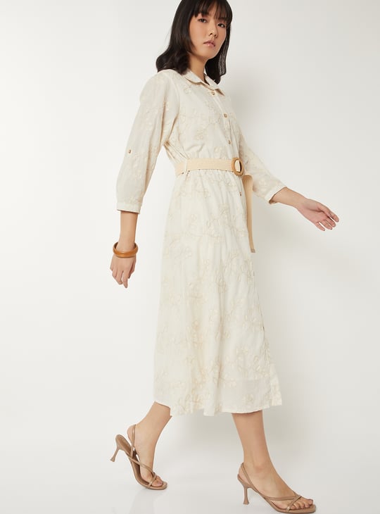 Women Embroidered Shirt Dress with Belt