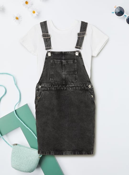 Girls Washed Dungaree Dress with T-shirt